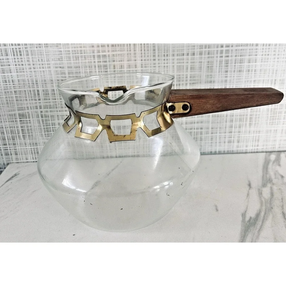 Vintage Inland MCM Clear Glass Coffee Carafe No Stopper Gold Metal Band‎ Barware